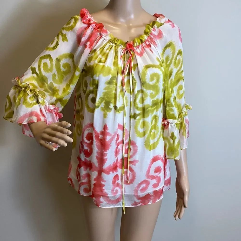 Milly colorful mid length sleeve 100% silk boho ruffle neck top blouse size 8